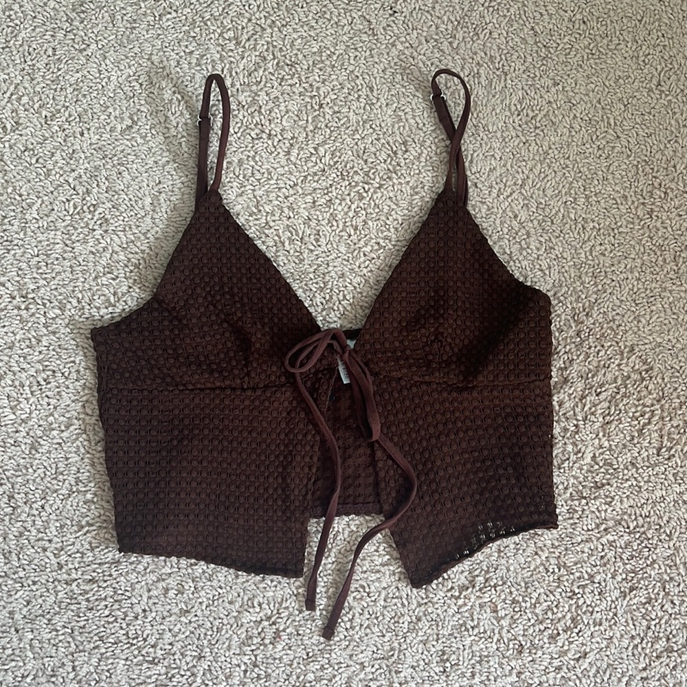 H&M crochet-look tie-detail top (brown). Size small. Tags removed but never worn